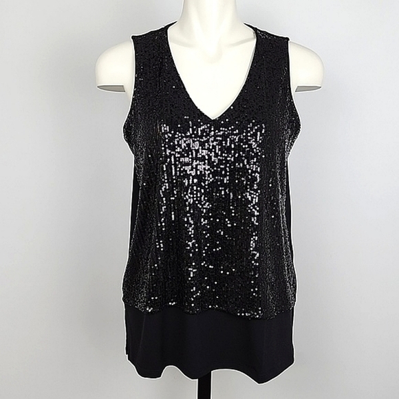 Michael Kors Black Sparkly Sequin Sleeveless V Neck Top Size Medium - Picture 1 of 11